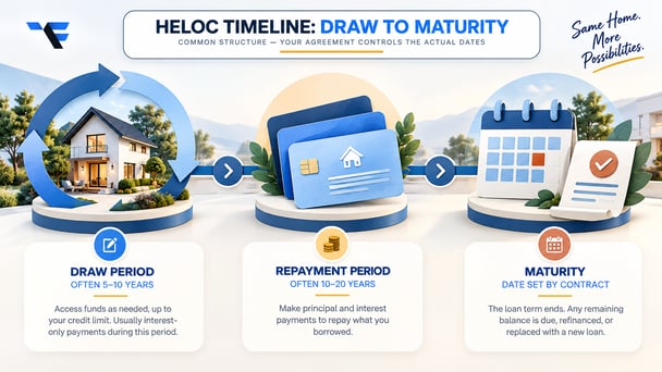 HELOC timeline showing a typical 5- to 10-year draw period, 10- to 20-year repayment period, and contract maturity date