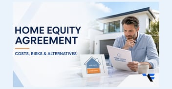 Home equity agreement guide showing a homeowner reviewing an agreement beside a home equity graphic