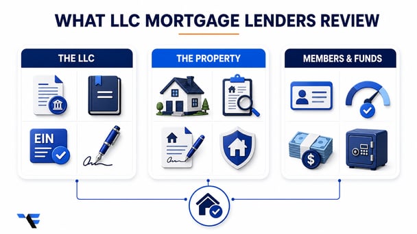 LLC mortgage lender review checklist covering the business entity, property, members and funds